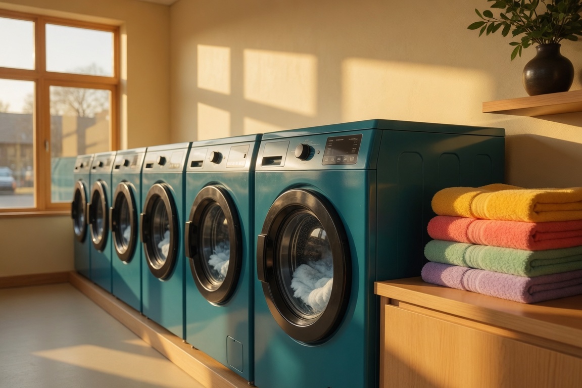 Row of teal washing machines in warm afternoon light at Del Sol Laundromat